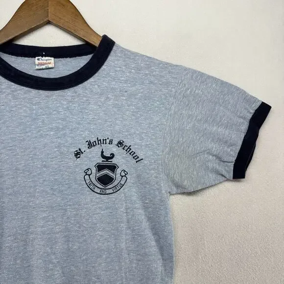 Vintage St Johns Shirt Mens Medium Blue Champion Ringer 80s Single Stitch USA - Picture 3 of 9